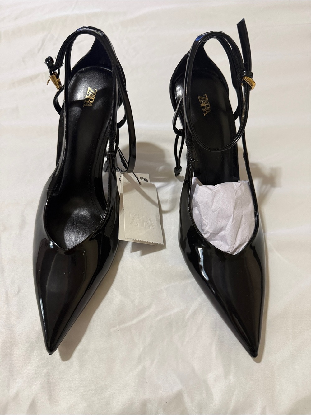 Zara Black Patent Pointed-Toe Slingback Pumps